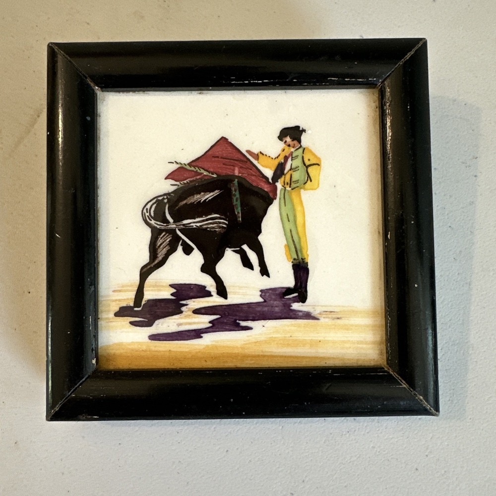 Vintage MCM Hand painted Mini Tile Artwork Matador Bullfighting Framed 3.5"